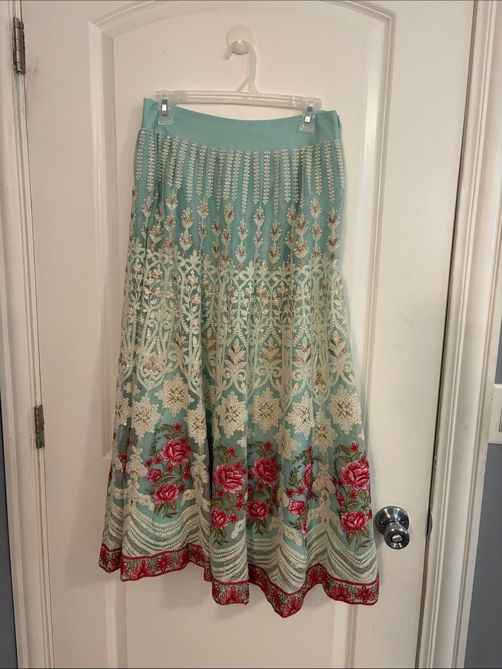 Embroidered Aqua Maxi Skirt with Red Rose Accents